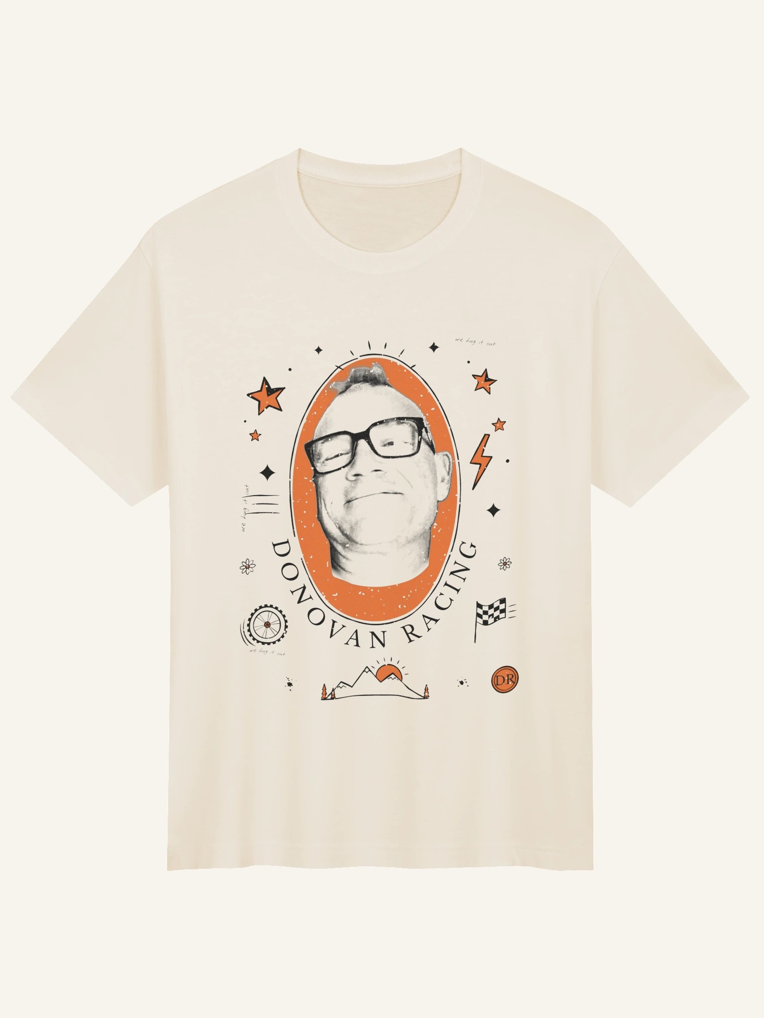 Cream baggy-fit tee with an illustrated portrait of a person in glasses in an orange oval and the words Donovan Racing.