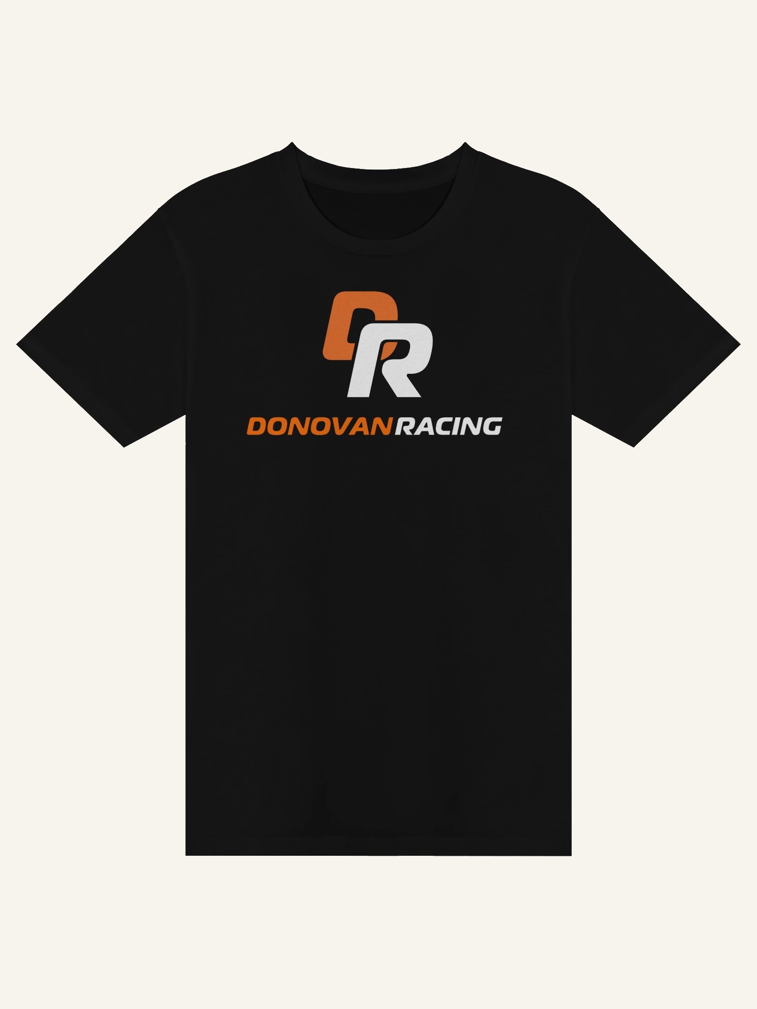 Black premium tee with a small orange and white DR logo above the words Donovan Racing.