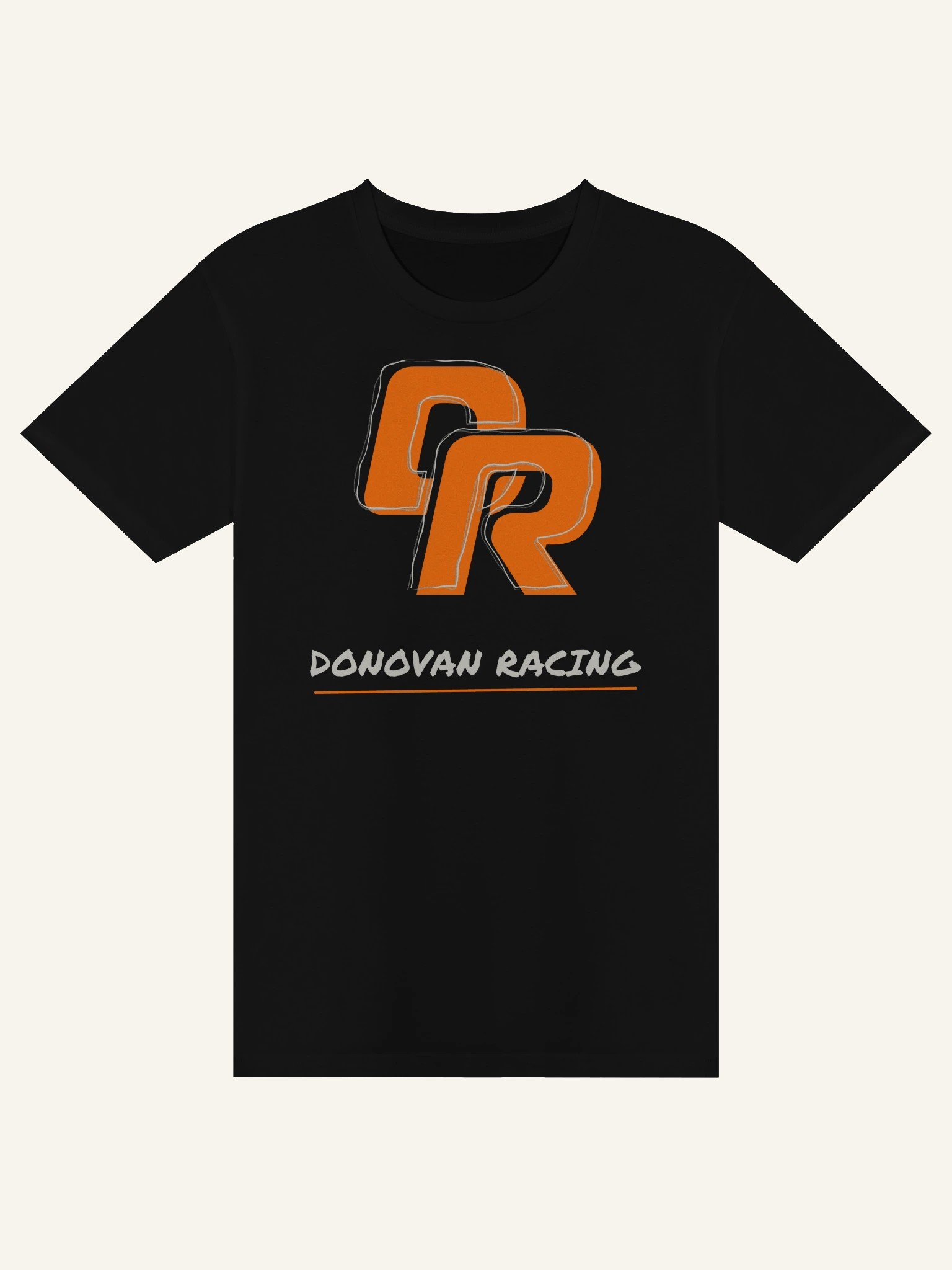 Black premium tee with an orange sketch-style DR logo above the words Donovan Racing.