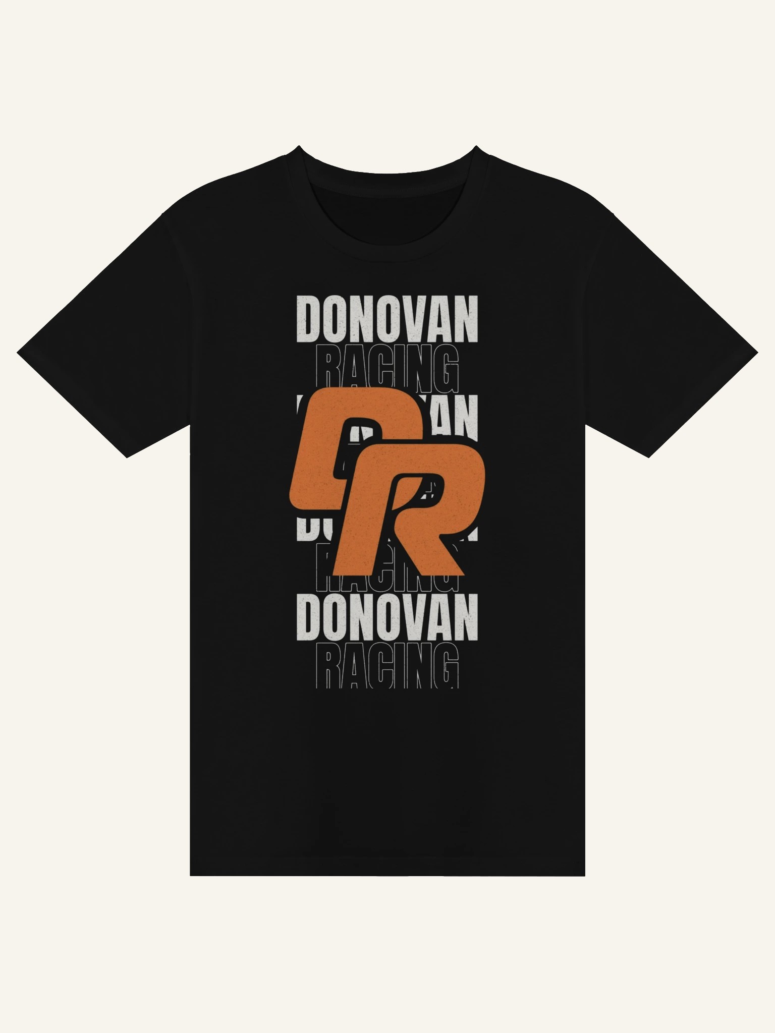 Black premium tee with a stacked DONOVAN RACING wordmark and an orange DR logo.
